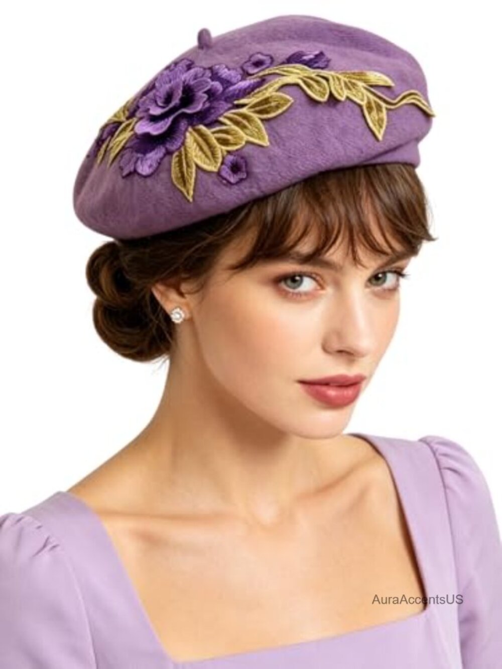 French Beret Rose Floral Embroidered Wool Blend Winter Beanie Cap